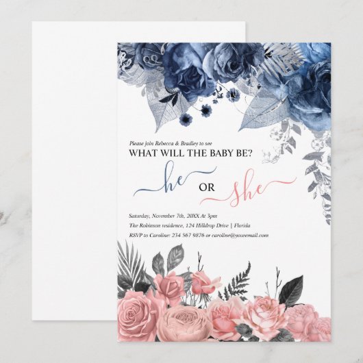 Elegant Gender onthulling | Blauwe en roze Floral Kaart (Voorkant / Achterkant)