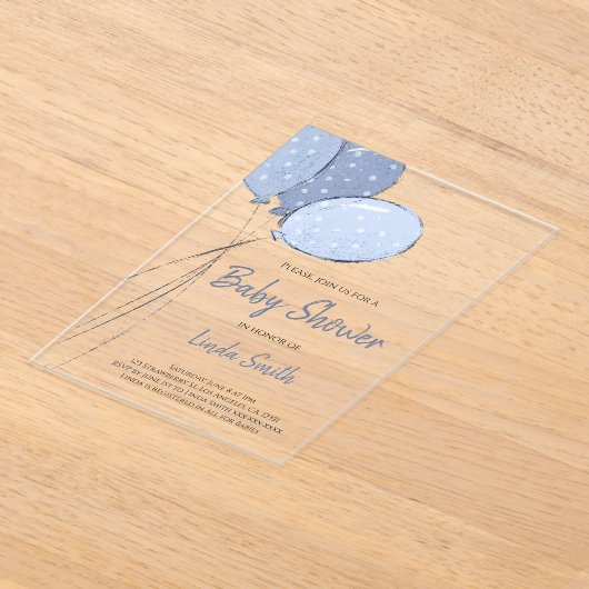 Elegant genderneutraal Blue Balloons Baby shower Acryl Uitnodigingen (Laagn)