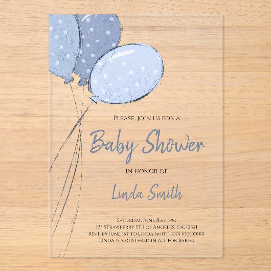 Elegant genderneutraal Blue Balloons Baby shower Acryl Uitnodigingen (Voorkant)
