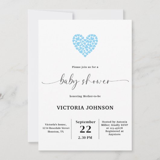 Elegant Gentle Blue Heart Baby shower Party Kaart (Voorkant)