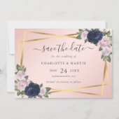 Elegant Geo Navy Blue Blush Gold Botanical Weddens Save The Date (Voorkant)