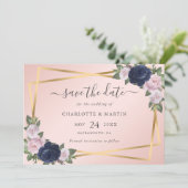 Elegant Geo Navy Blue Blush Gold Botanical Weddens Save The Date (Staand voorkant)