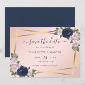 Elegant Geo Navy Blue Blush Gold Botanical Weddens Save The Date (Voorkant / Achterkant)