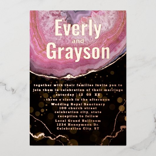 Elegant Geode Pink & Gold WeddingFoil Invitati Folie Uitnodiging (Voorkant)