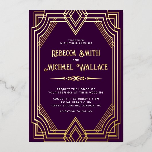 Elegant Geometric Art Deco Weddenschap Paars Gold Folie Uitnodiging (Voorkant)