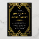 Elegant Geometric Art Deco Wedding Black Gold Folie Uitnodiging (Voorkant)