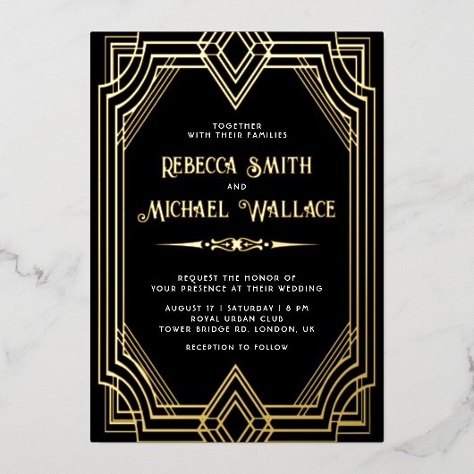Elegant Geometric Art Deco Wedding Black Gold Folie Uitnodiging (Voorkant)