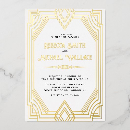 Elegant Geometric Art Deco Wedding White Gold Folie Uitnodiging (Voorkant)