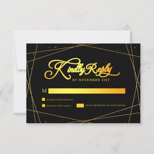 Elegant Geometric Black and Gold  Wedding RSVP Kaartje (Voorkant)