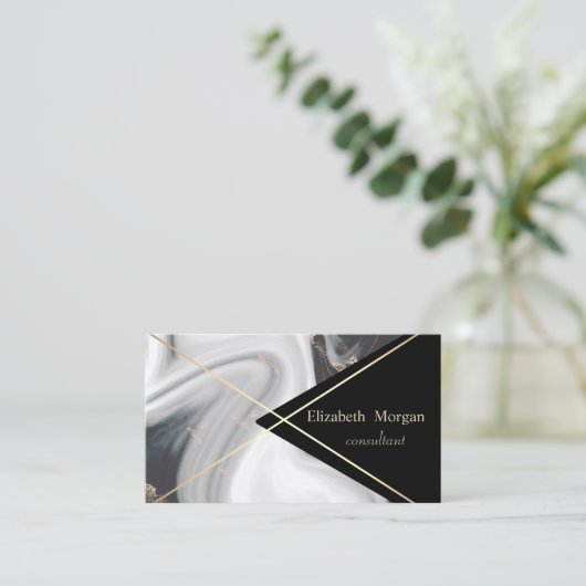 Elegant Geometric Black White marble Gold Stripes Visitekaartje (Staand voorkant)