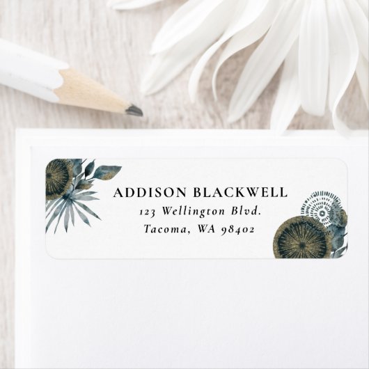 Elegant Geometric Blauwgroen Blue Gold Leaves Etiket (Insitu)