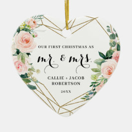 Elegant Geometric Blush Floral Eerste Kerstmis Keramisch Ornament