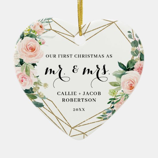 Elegant Geometric Blush Floral Eerste Kerstmis Keramisch Ornament (Voorkant)