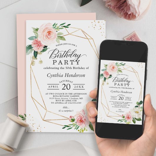 Elegant Geometric Blush Pink Floral Birthday Party Kaart