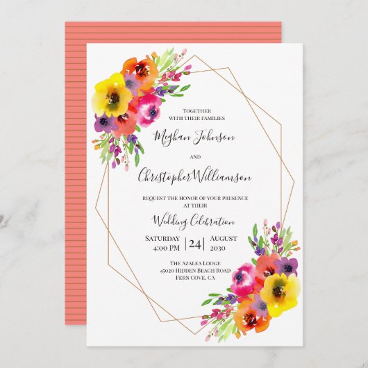 Elegant Geometric Bright Waterverf Floral Wedding Kaart (Voorkant / Achterkant)