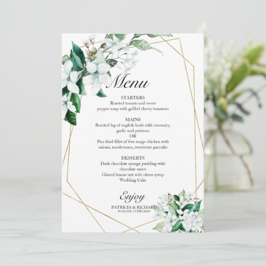 Elegant Geometric Floral Greenery Wedding Menu (Staand voorkant)