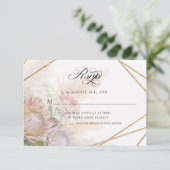 Elegant Geometric Gold Floral Pink Protea Wedding RSVP Kaartje (Staand voorkant)