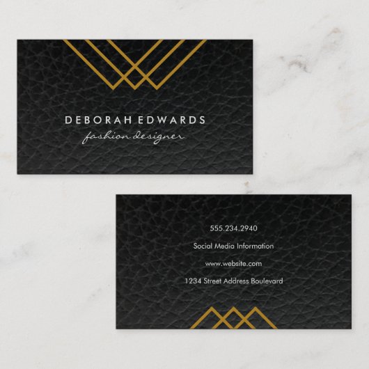 Elegant Geometric Gold Lines Simple Leather Visitekaartje (Voorkant / Achterkant)