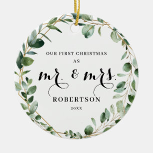 Elegant Geometric Greenery Eerste Kerstmis Keramisch Ornament