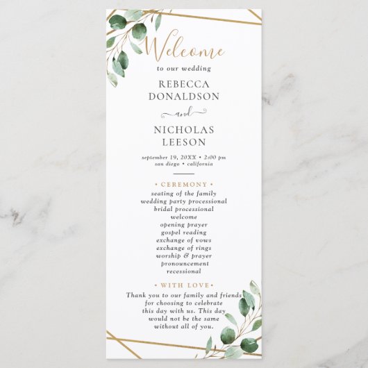 Elegant Geometric Greenery Eucalyptus Program Menu (Voorkant)