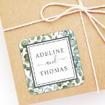 Elegant Geometric Greenery Wedding Monogram Vierkante Sticker<br><div class="desc">Stickers met een elegante bruiloft zijn ontworpen met een moderne organische stijl, die een geometrisch vierkant lijst combineert met botanische groene loof en mooie typografie. Het groene ontwerp van de waterverf omvat eucalyptus, bladeren en eucalyptustakken in zacht groene tinten, groen, olijf en gedempt blauw groen. Ideaal voor een lente- of...</div>