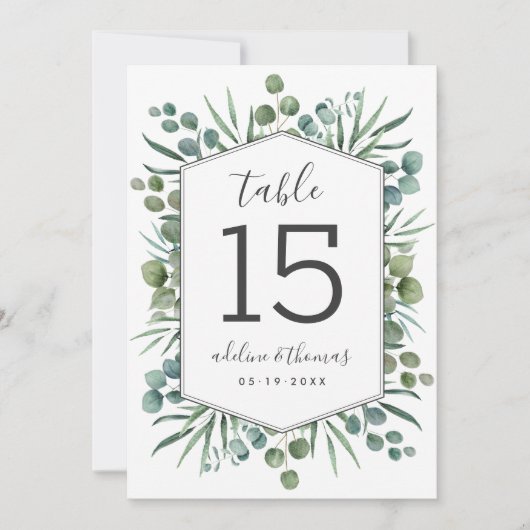 Elegant Geometric Greenery Wedding Table Number Kaart (Voorkant)