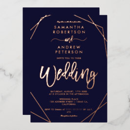 Elegant geometric lijst navy blue script bruiloft folie uitnodiging