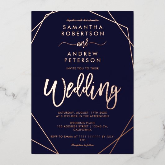 Elegant geometric lijst navy blue script bruiloft folie uitnodiging (Voorkant)