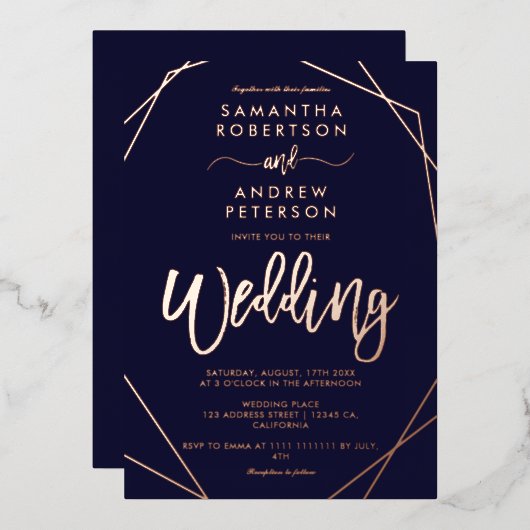 Elegant geometric lijst navy blue script bruiloft folie uitnodiging (Voorkant / Achterkant)