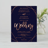 Elegant geometric lijst navy blue script bruiloft folie uitnodiging (Staand Voorkant)