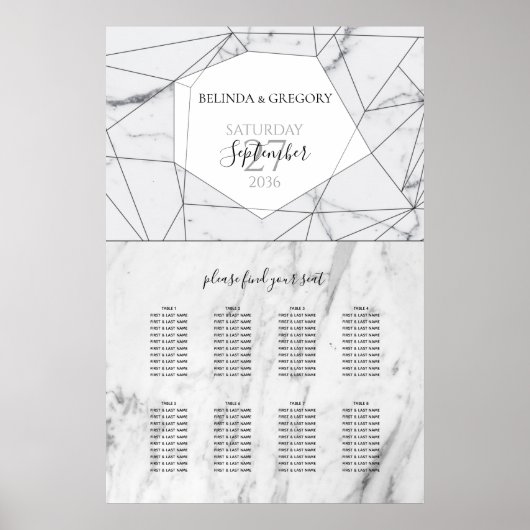 Elegant Geometric Marble Wedding Seding Chart Poster (Voorkant)