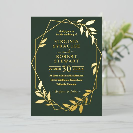 Elegant Geometric Modern Royal Dark Green Wedding Folie Uitnodiging (Staand Voorkant)