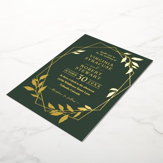 Elegant Geometric Modern Royal Dark Green Wedding Folie Uitnodiging (Gedraaid)