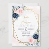 Elegant Geometric Navy en Blush Floral Wedding Kaart (Voorkant)