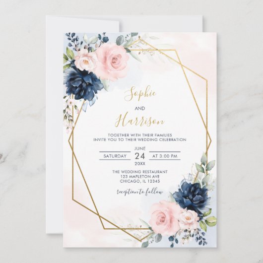 Elegant Geometric Navy en Blush Floral Wedding Kaart (Voorkant)