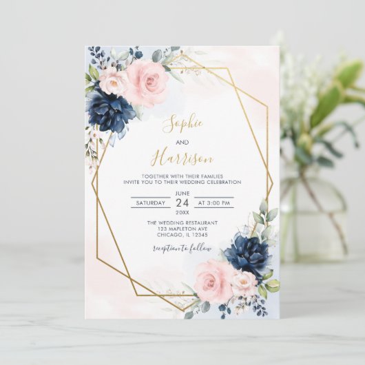 Elegant Geometric Navy en Blush Floral Wedding Kaart (Staand voorkant)