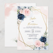Elegant Geometric Navy en Blush Floral Wedding Kaart (Voorkant / Achterkant)