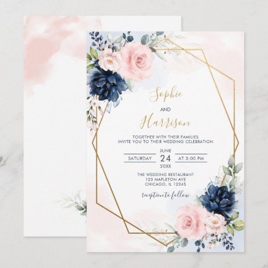 Elegant Geometric Navy en Blush Floral Wedding Kaart (Voorkant / Achterkant)
