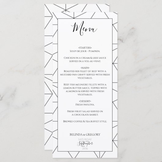 Elegant Geometric Pattern Wedding Menu (Voorkant / Achterkant)