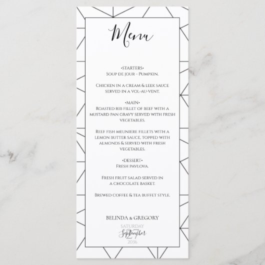 Elegant Geometric Pattern Wedding Menu (Voorkant)