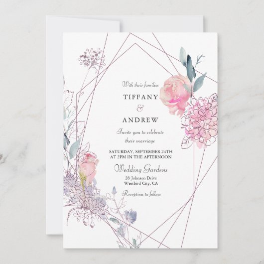 Elegant Geometric Pink Rose Floral Wedding Invite Kaart (Voorkant)