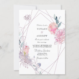 Elegant Geometric Pink Rose Floral Wedding Invite Kaart