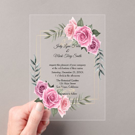Elegant Geometric Pink Rose Wedding Acryl Uitnodigingen (Insitu (Draagbaar))