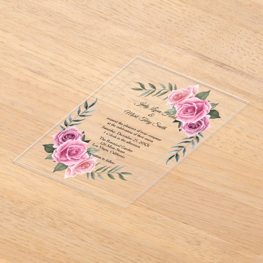 Elegant Geometric Pink Rose Wedding Acryl Uitnodigingen (Laagn)