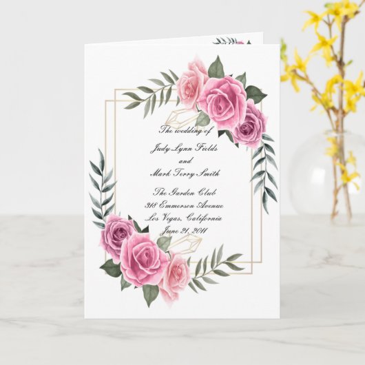 Elegant Geometric Pink Rose Wedding Program Kaart (Gele Bloem)