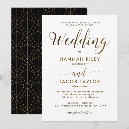 Elegant Geometric Print Black en Gold Wedding Kaart (Voorkant / Achterkant)