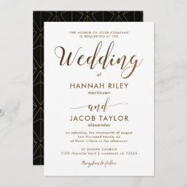 Elegant Geometric Print Black en Gold Wedding Kaart