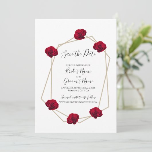 Elegant Geometric Red Rose trouwt op de datum Save The Date (Staand voorkant)