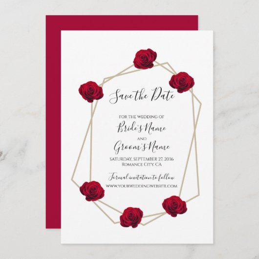 Elegant Geometric Red Rose trouwt op de datum Save The Date (Voorkant / Achterkant)