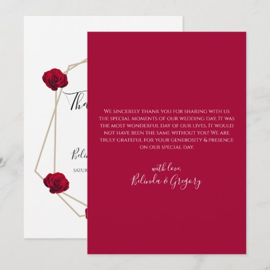 Elegant Geometric Red Rose Wedding Bedankkaart (Voorkant / Achterkant)